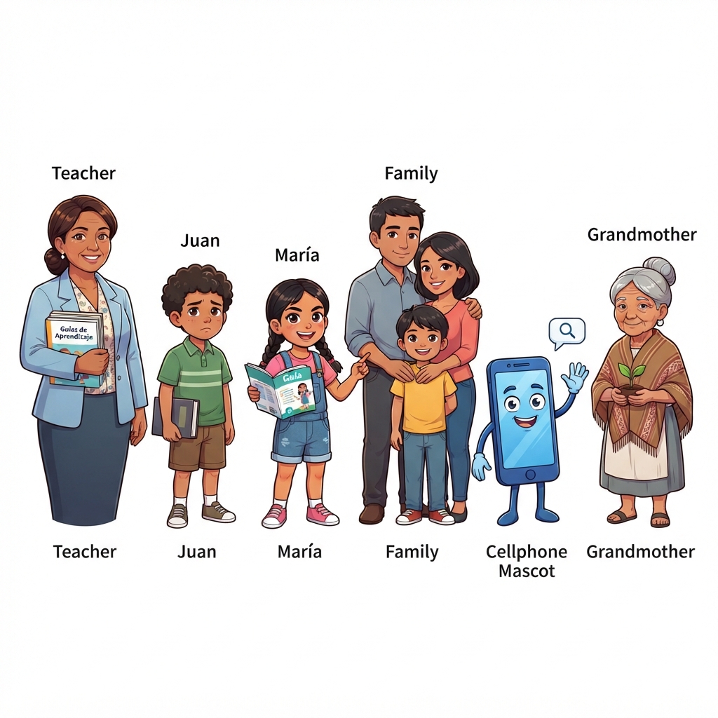 Personajes
👩🏫 La profesora: orienta a los estudiantes y …