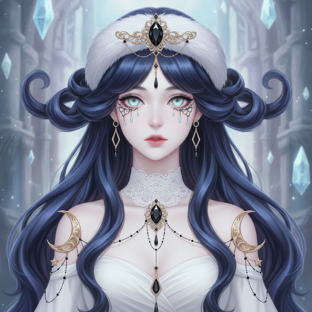 A regal fantasy woman with very pale ivory skin and an eleg…