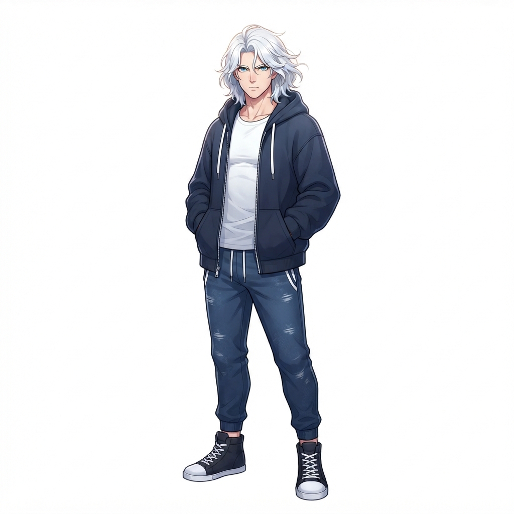 Human, Male, Teen, Wavy Hair, White Hair, Serious, Casual, …