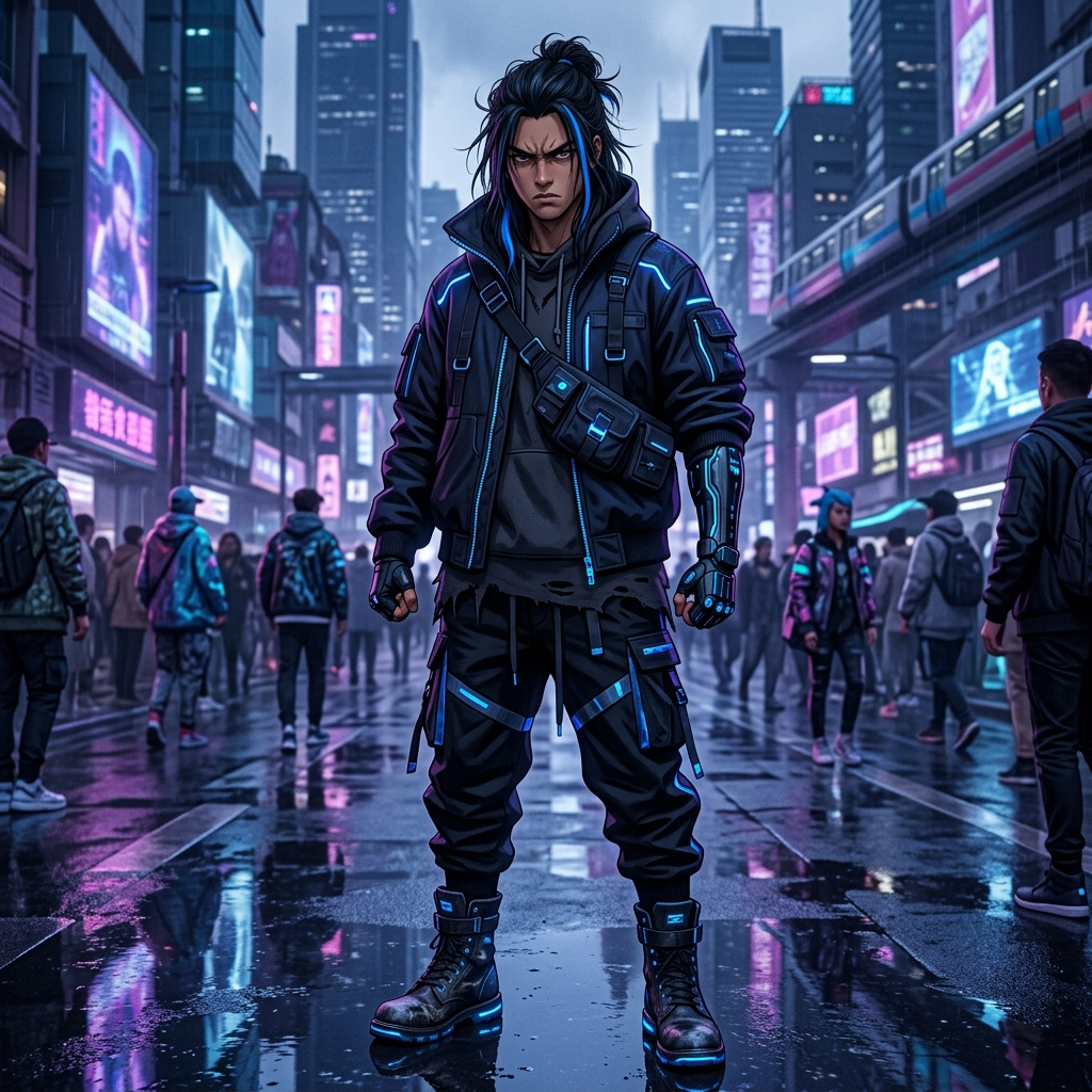 Human, Male, Teen, Long Hair, Black Hair, Angry, Cyberpunk,…