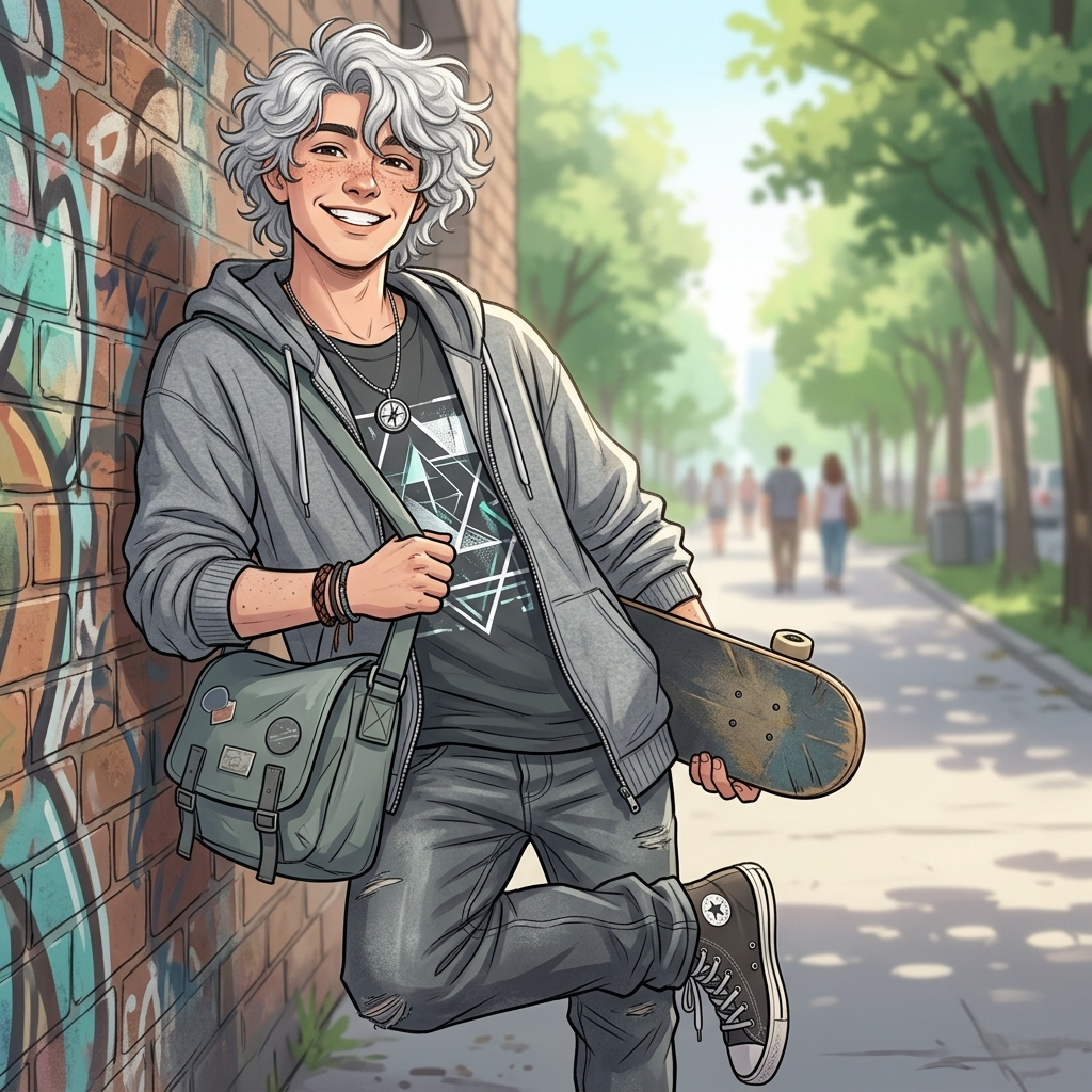 Human, Male, Teen, Curly Hair, Silver Hair, Happy, Casual, …