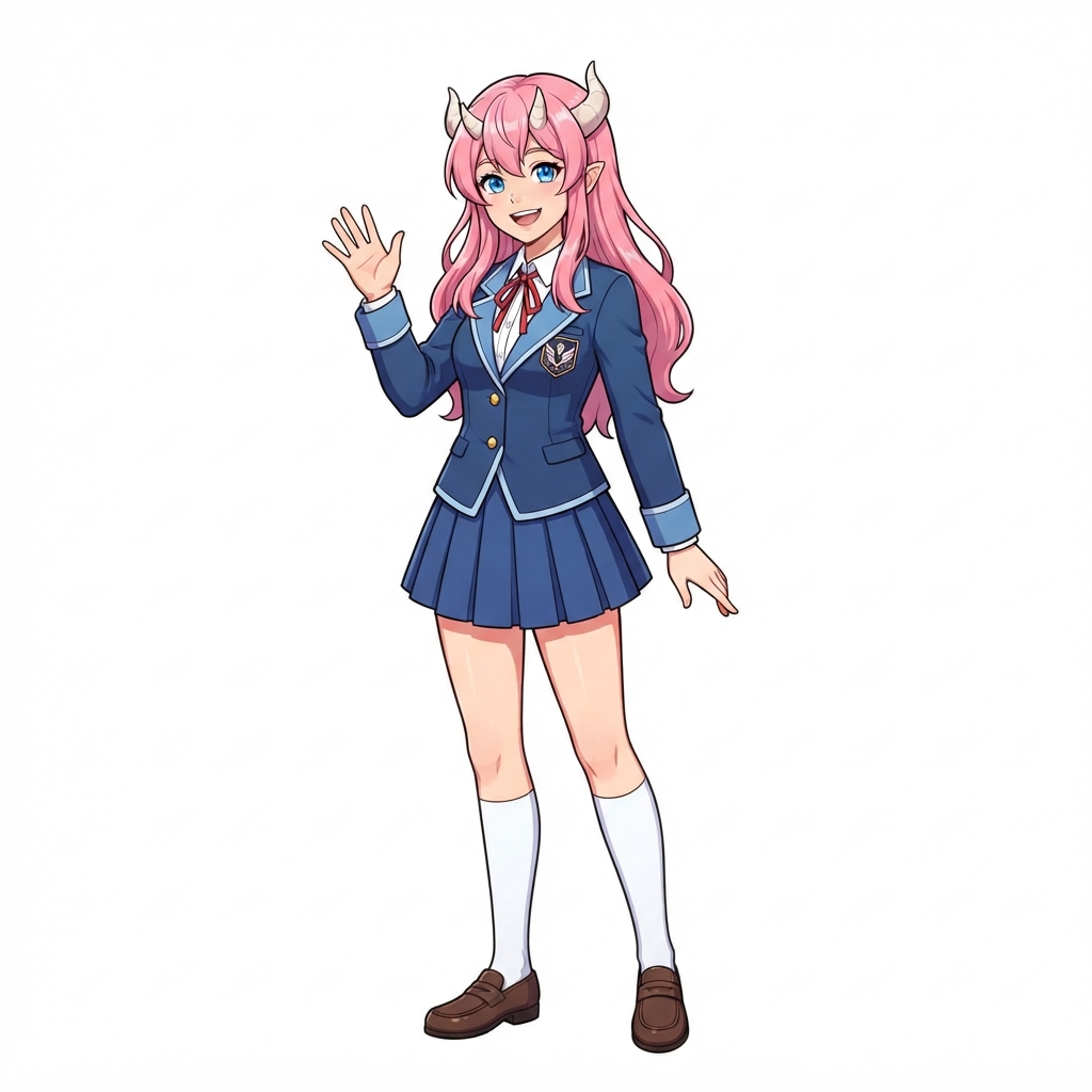 Human, Female, Teen, Long Hair, Pink Hair, Happy, Uniform, …
